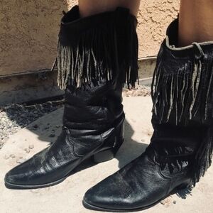 Dingo Mid-Calf Black Fringe Womens Cowgirl Boots Size 8 Western Faux Leather